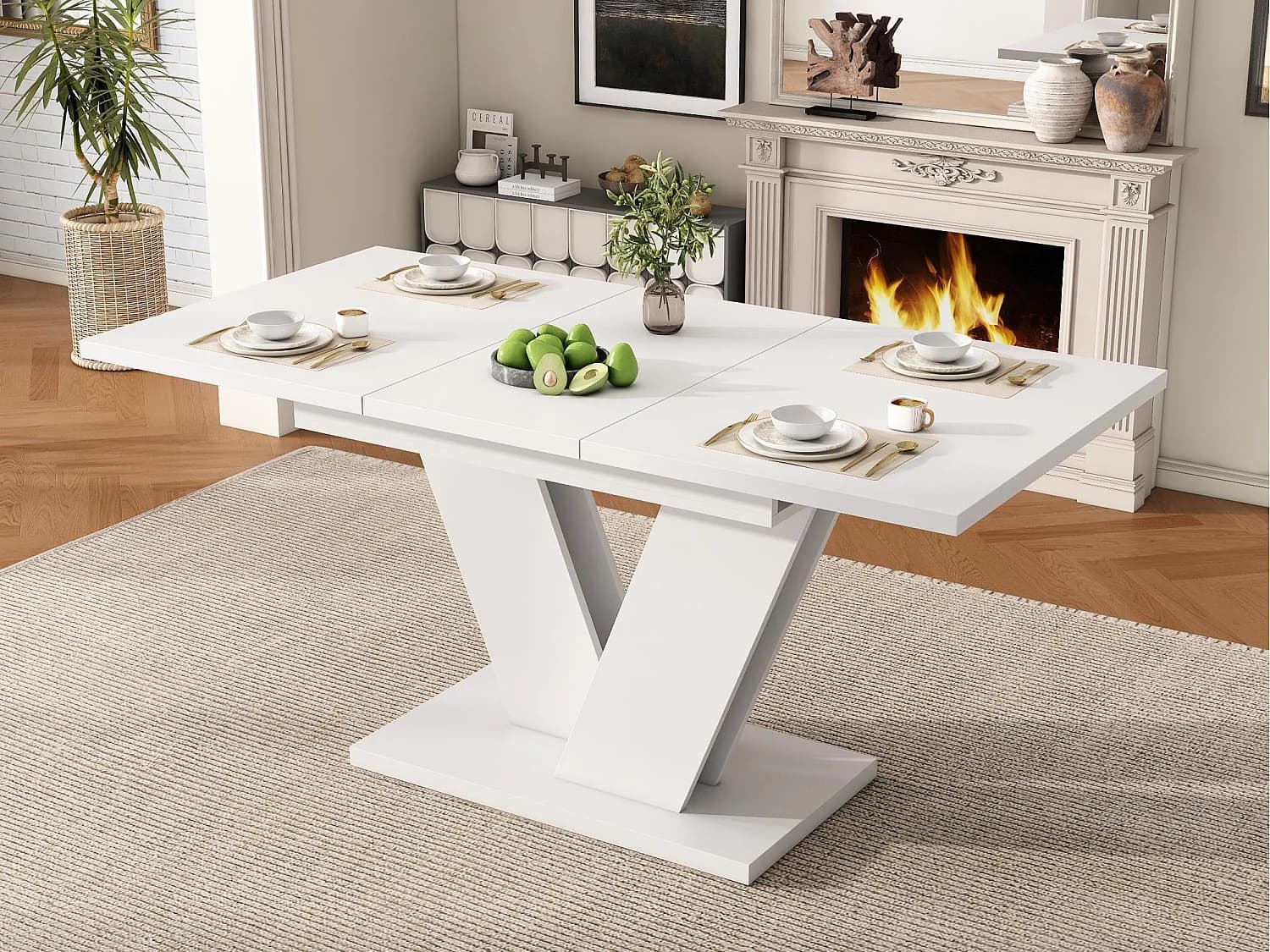 Table à manger rectangulaire extensible 120-160x80x75.5 cm - pour 4 à 6 personnes - plateau épais - pieds en V - blanc