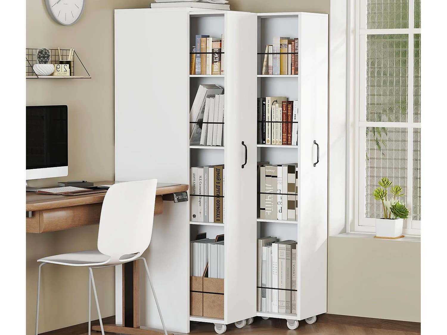 Bibliothèque extensible 51.5x41x158 cm - Interchangeables gauche et droite - avec roulettes - MDF - Blanc