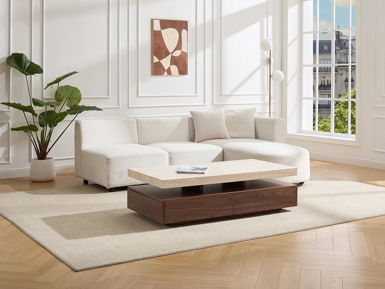 Table basse avec 2 tiroirs en MDF - Effet travertin et naturel foncé - FELIX