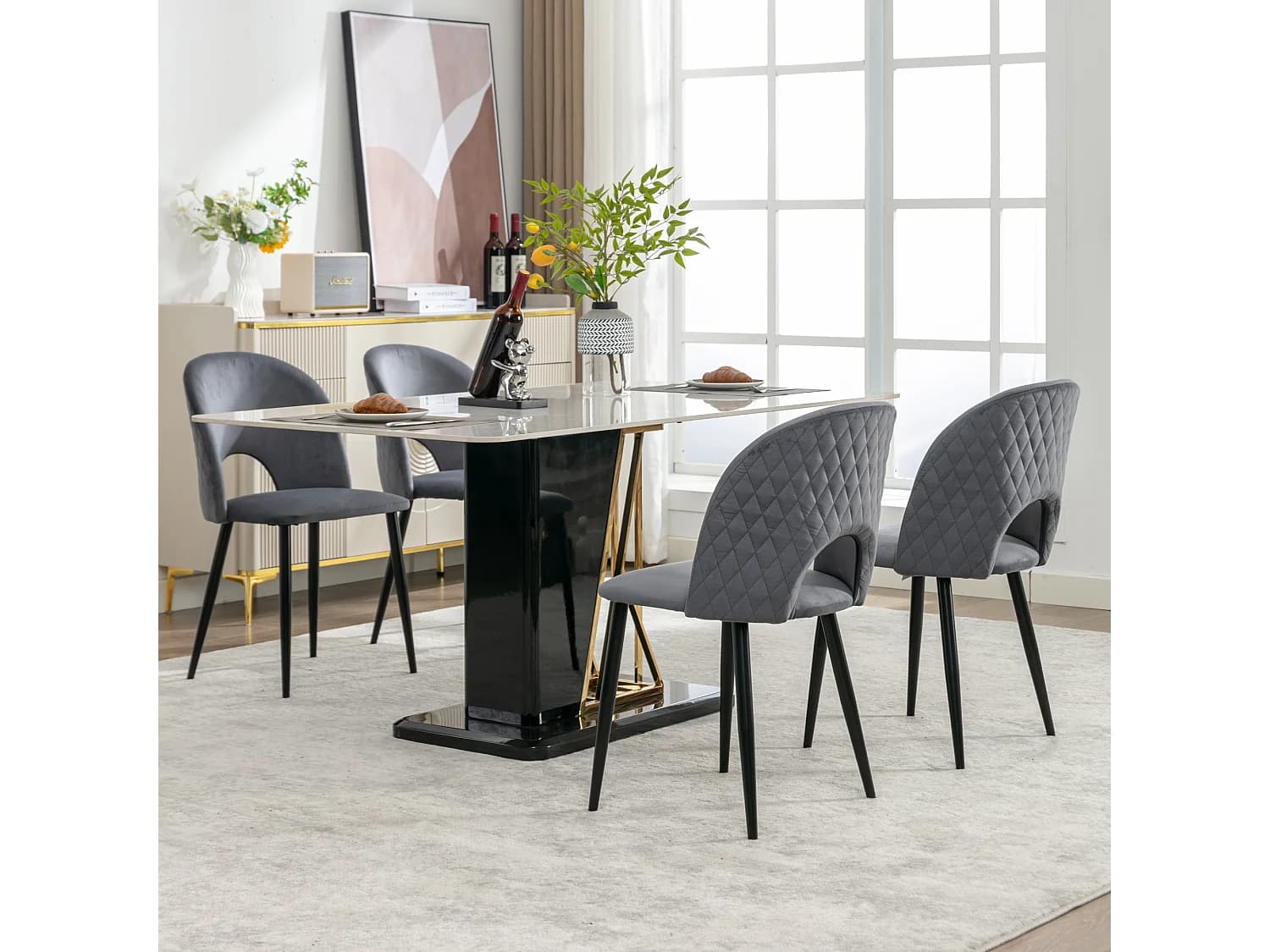 Lot de 4 chaises de salle à manger - Chaise avec dossier et pieds réglables - velours gris