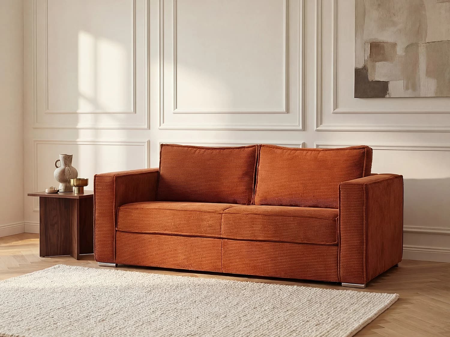 Canapé 4 places convertible express en velours côtelé terracotta - Couchage à lattes larges 160 cm - Matelas 22 cm avec mémoire de forme LORETO