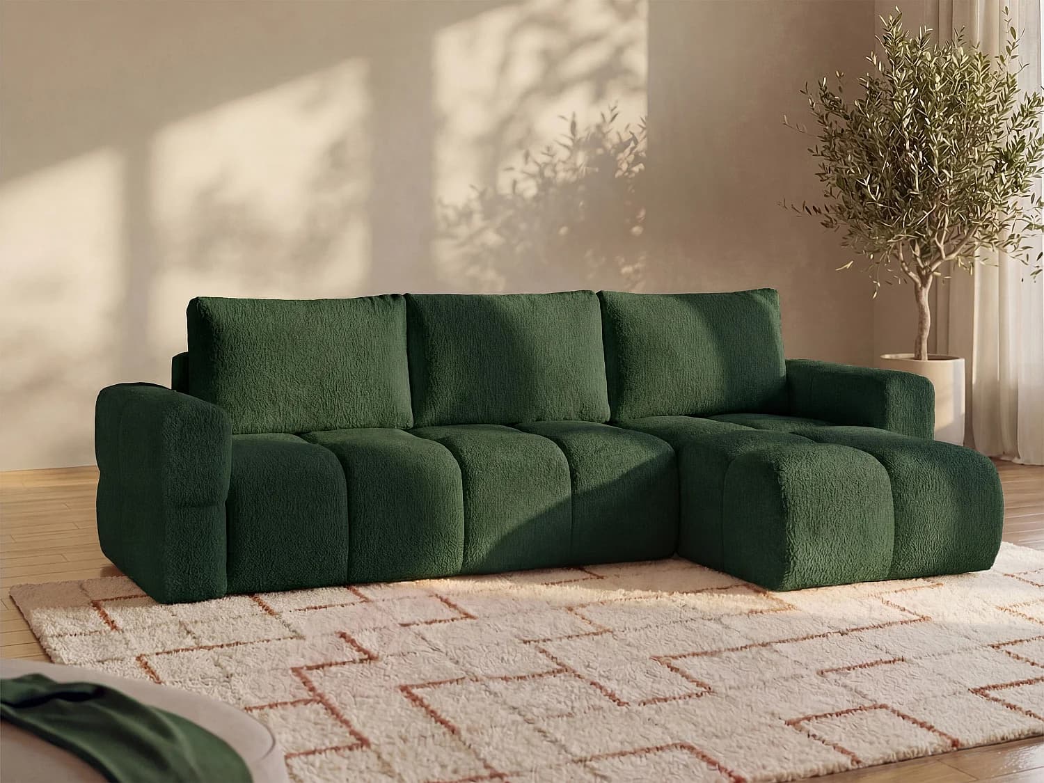 Canapé d'angle réversible convertible en tissu bouclette vert ISSORO