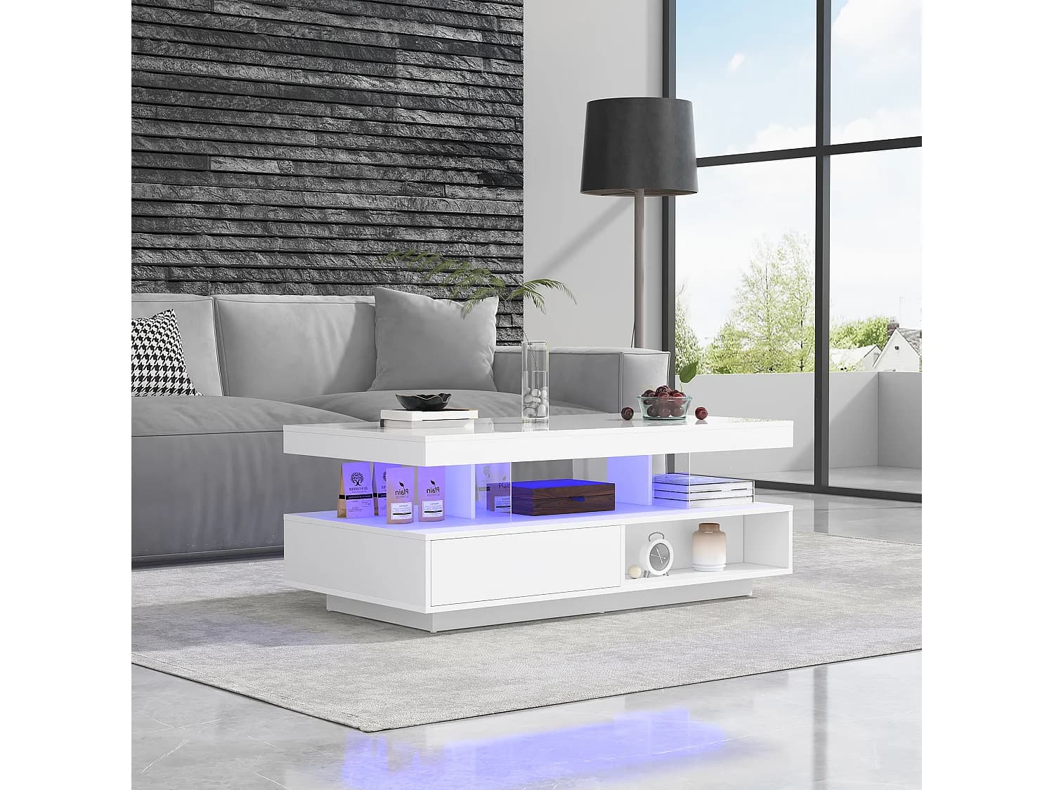 Table basse blanche brillante avec 2 tiroirs et compartiments ouverts, éclairage LED - 95x50x42,5 cm