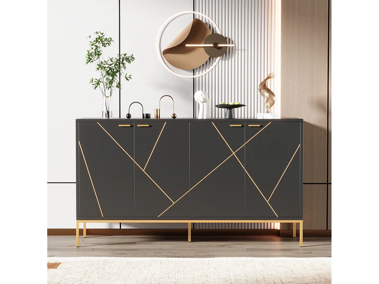 Buffet noir avec 4 portes, moulures dorées et pieds en métal - pour salon et chambre