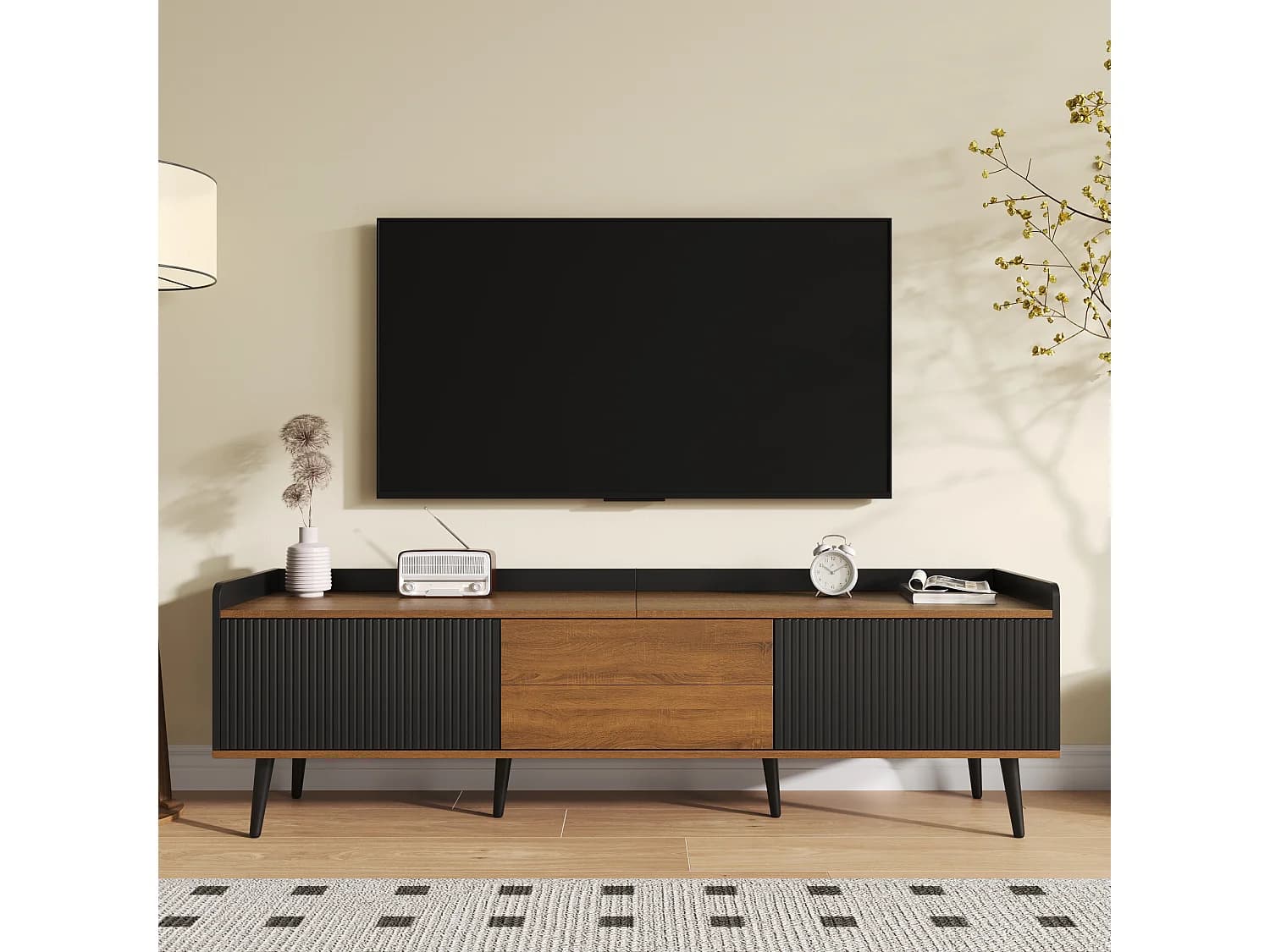 Meuble TV 160 cm avec 3 portes, finition noir et bois naturel - pour salons et bureaux