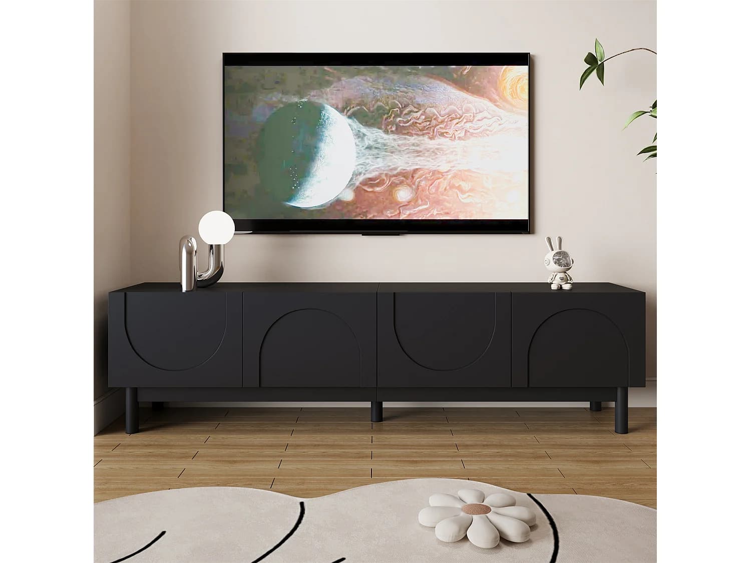 Meuble TV noir avec 4 portes incurvées à motifs, pieds en bois - pour salon