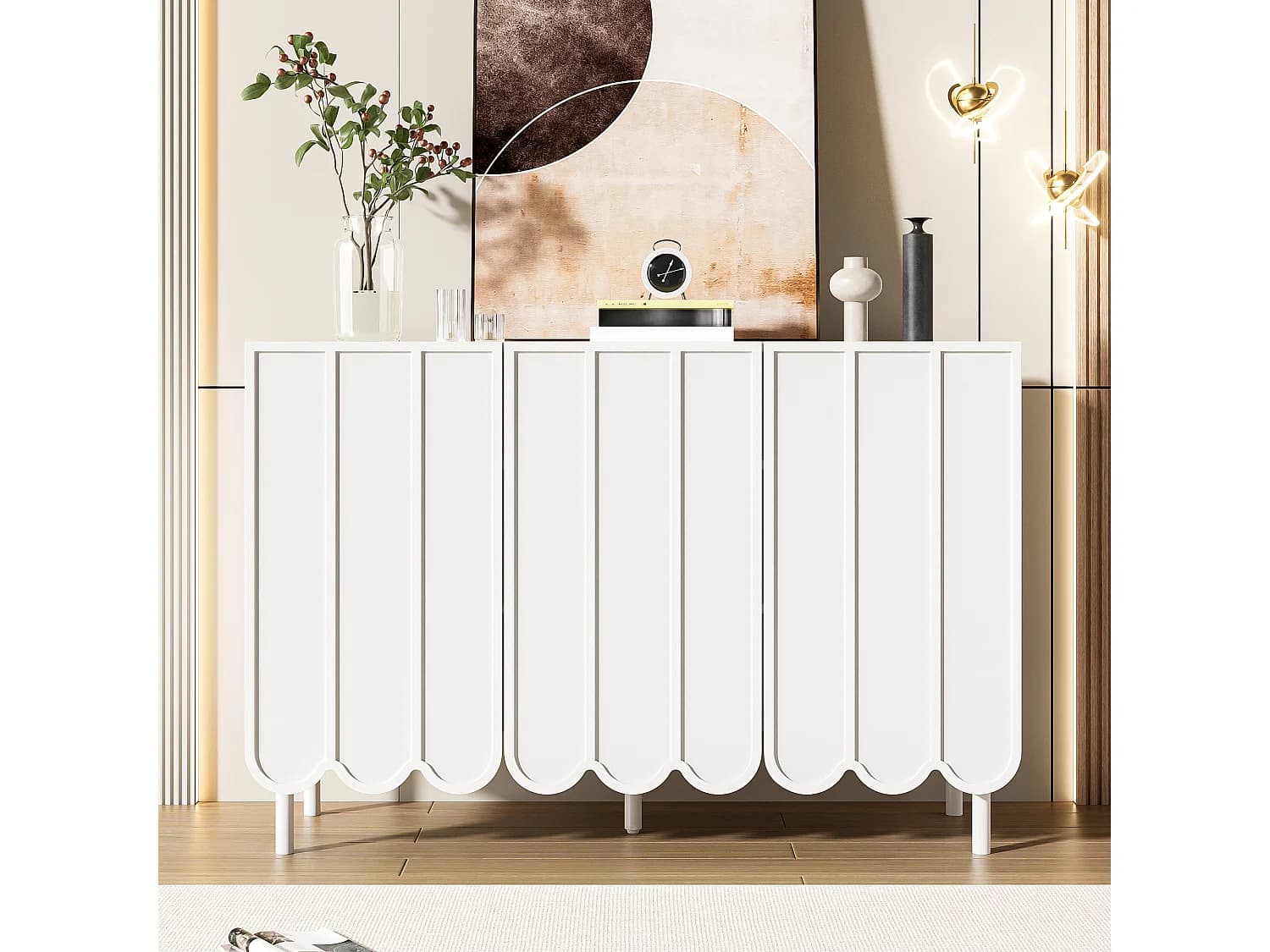 Buffet blanc avec trois portes à rayures et étagères réglables - pour salon et salles à manger