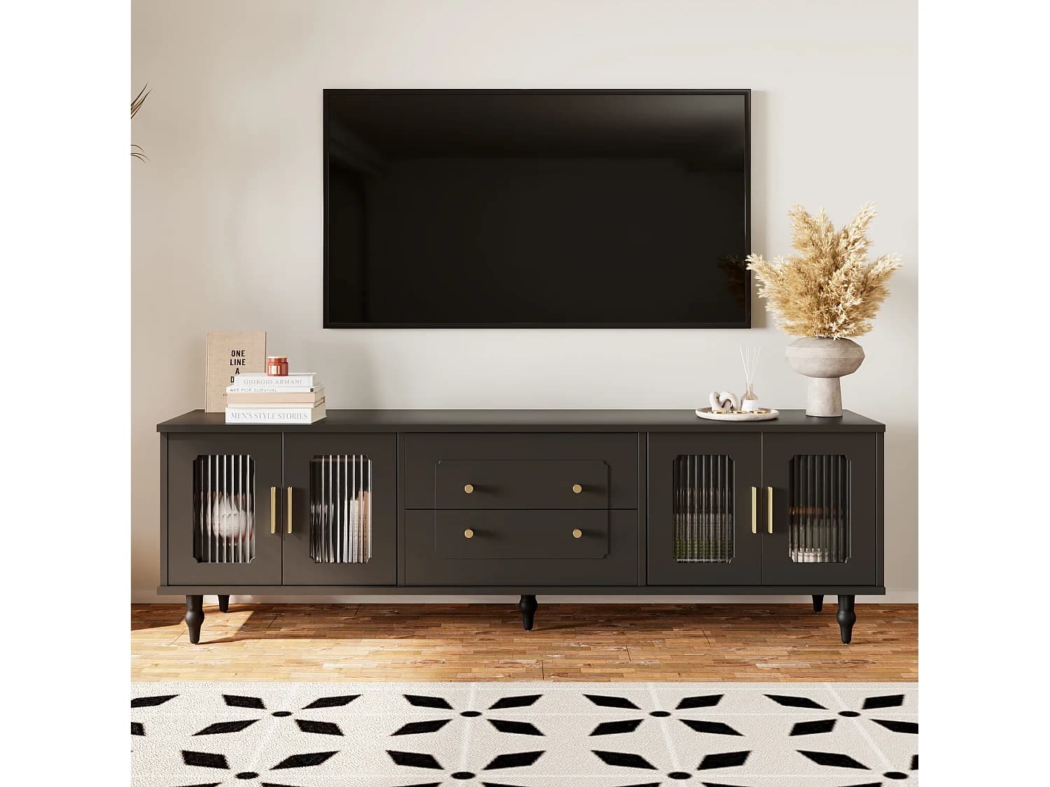 Meuble TV noir avec 4 portes et 2 tiroirs, pieds en bois noir - pour salon et bureau