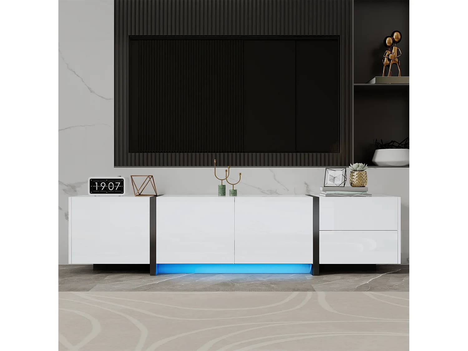 Meuble TV blanc avec 4 portes et 1 tiroir de rangement, éclairage LED - pieds noirs