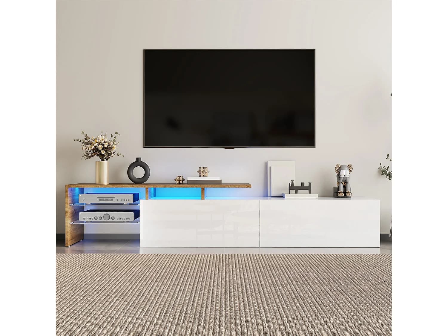 Meuble TV de salon, finition blanc brillant et bois, avec étagères en verre et 2 tiroirs - éclairage LED