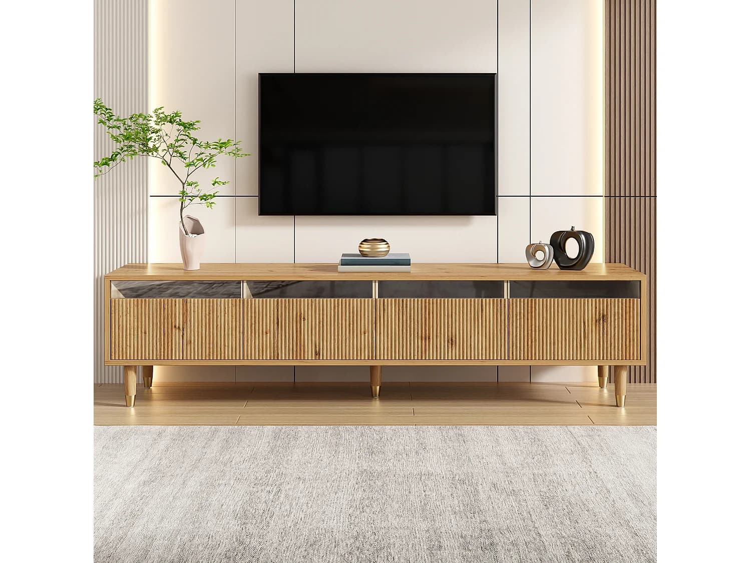 Meuble TV en bois avec éclairage LED et et 4 tiroirs de rangement - pour salon et bureau
