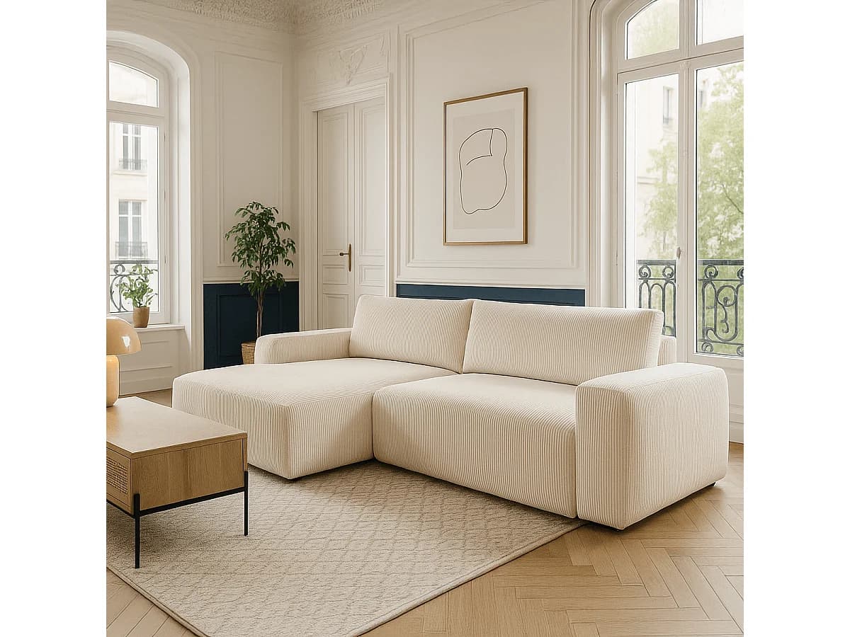 Canapé d'angle droit convertible 3 places en velours côtelé beige - Sonny