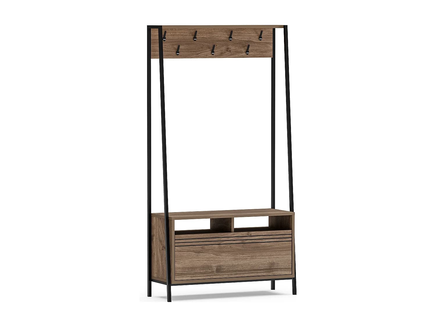Portemanteau d’entrée Devin 180 cm – 7 patères, placard et étagères ouvertes (Noyer et Noir)