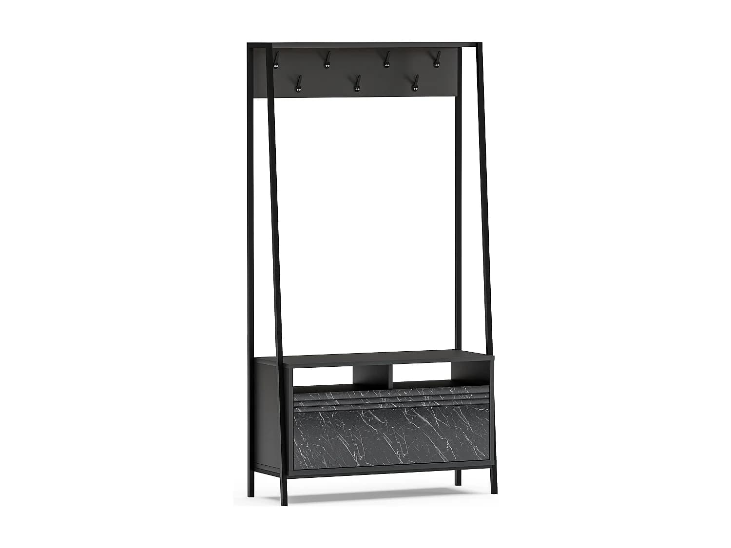Portemanteau d’entrée Devin 180 cm – 7 patères, placard et étagères ouvertes (Effet marbre noir)