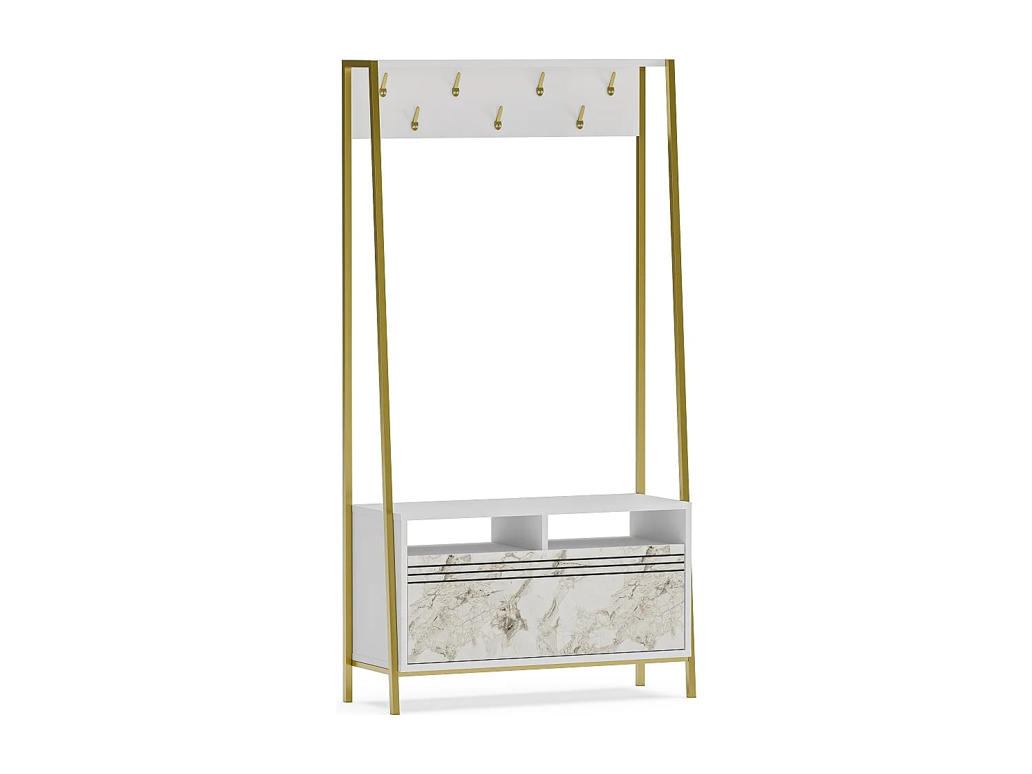 Portemanteau d’entrée Devin 180 cm – 7 patères, placard et étagères ouvertes (Effet marbre blanc et Doré)