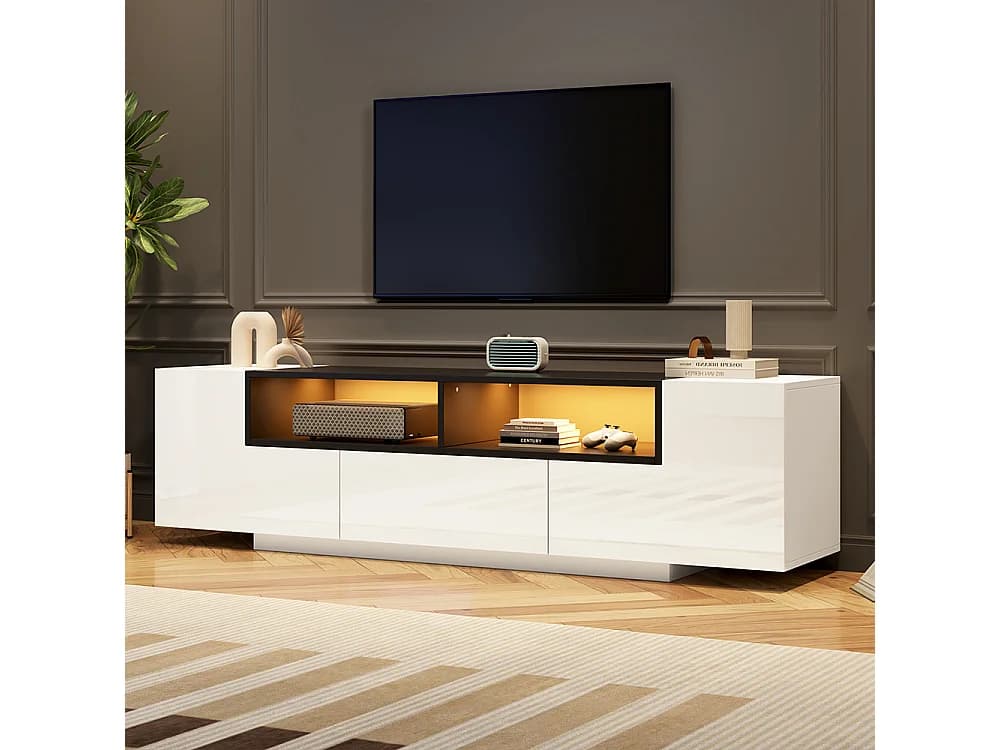 Meuble TV sur pied LED 180x40x48 cm L tiroirs salon brillant TV 75 pouces blanc noir