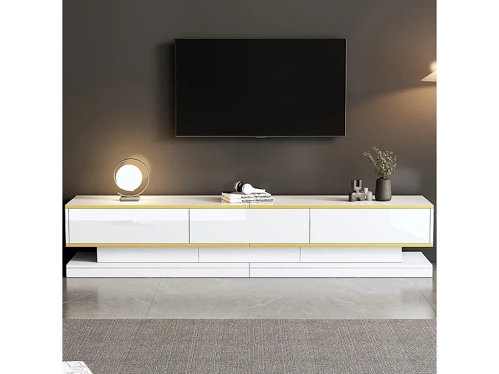 Meuble TV 200x40x40 cm 3 tiroirs brillant grand rangement blanc chaud bord doré sur pied