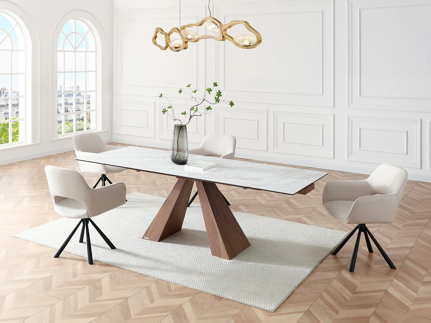 Table à manger extensible 6 à 10 personnes en céramique, verre trempé et placage noyer - Effet marbre blanc - LOZIPA de Maison Céphy