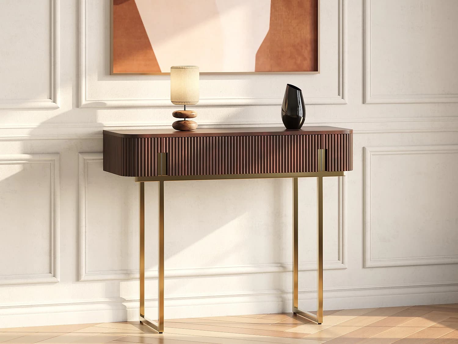 Console avec 1 tiroir en bois de manguier et métal doré - Naturel foncé - DOLIYA de Maison Céphy