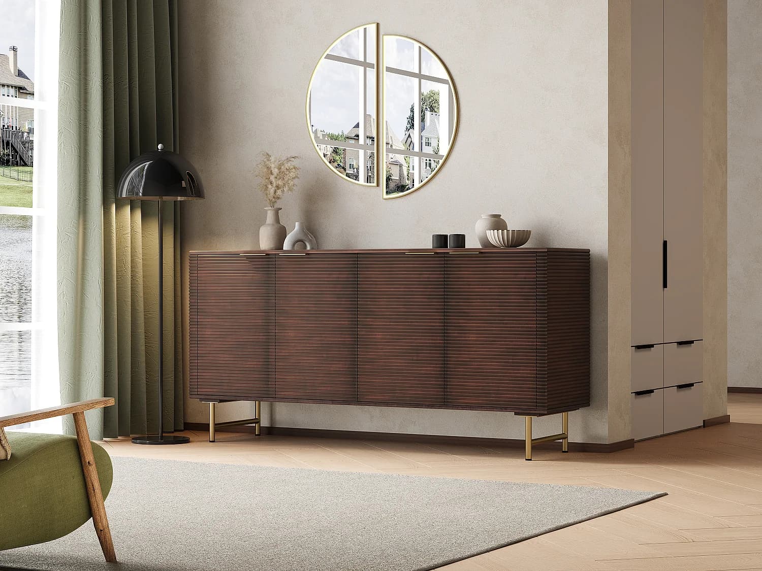 Buffet avec 4 portes en bois de manguier et métal doré - Naturel foncé - SORDANA de Maison Céphy