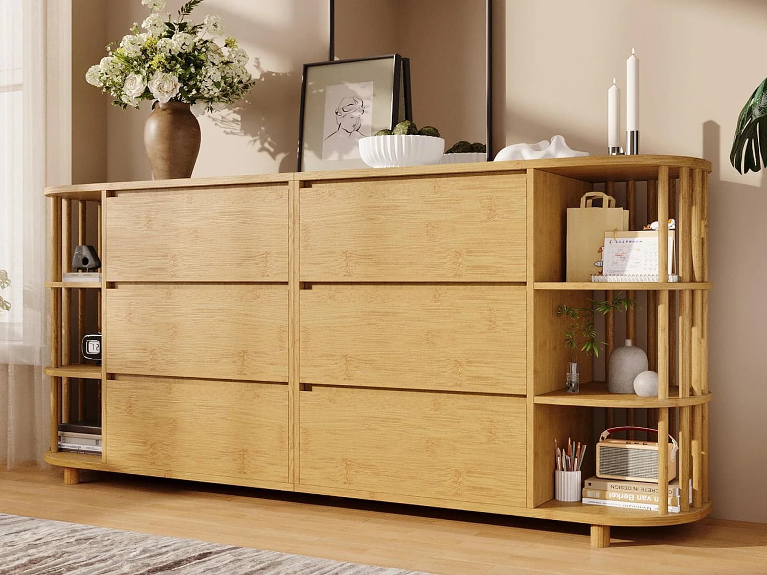 Buffet aspect chêne 160x40x75cm - avec 6 tiroirs - avec étagères ouvertes - conception romane - Naturel