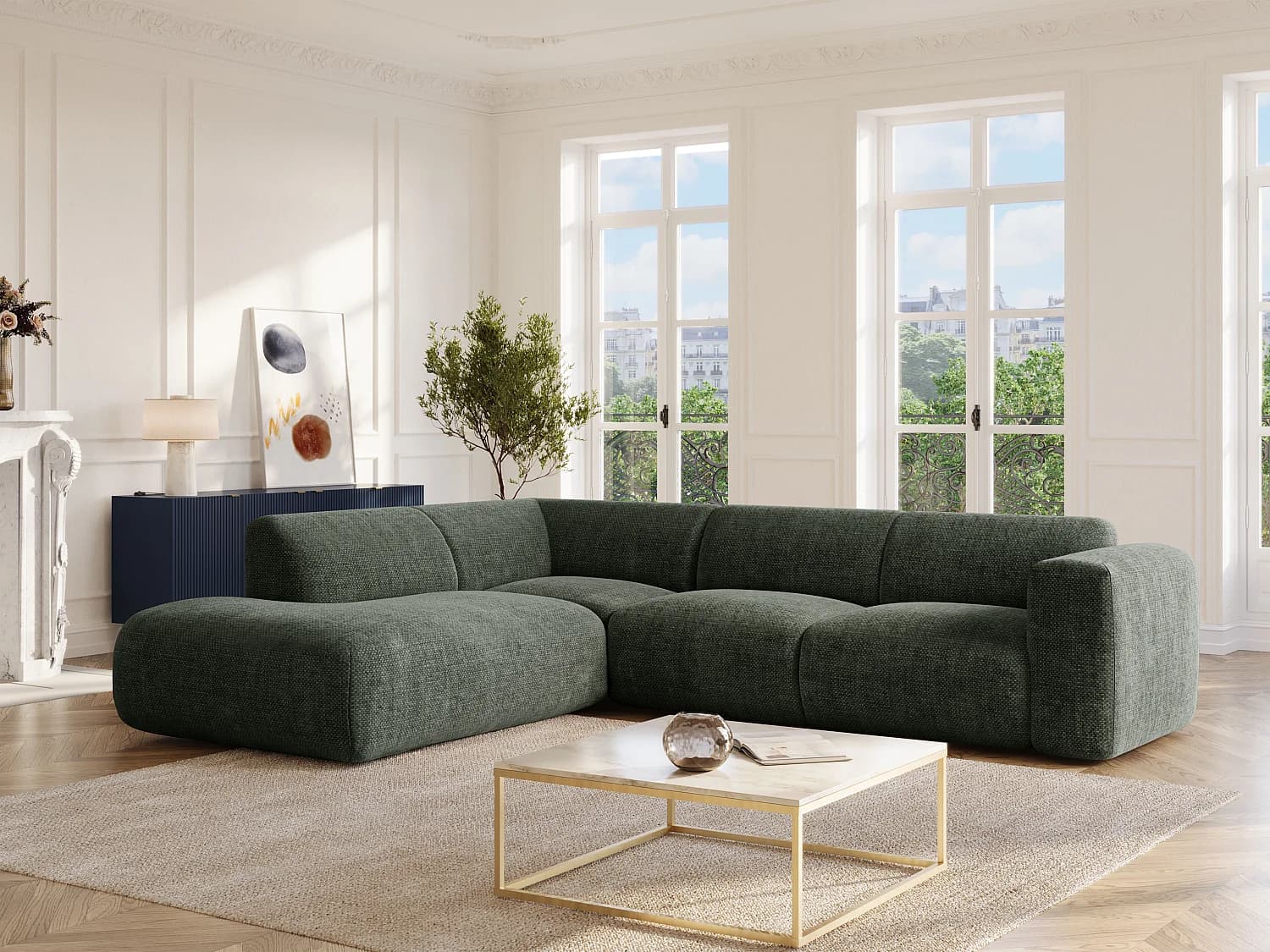 Grand canapé d'angle gauche avec dossier méridienne en tissu vert POGNI de Maison Céphy