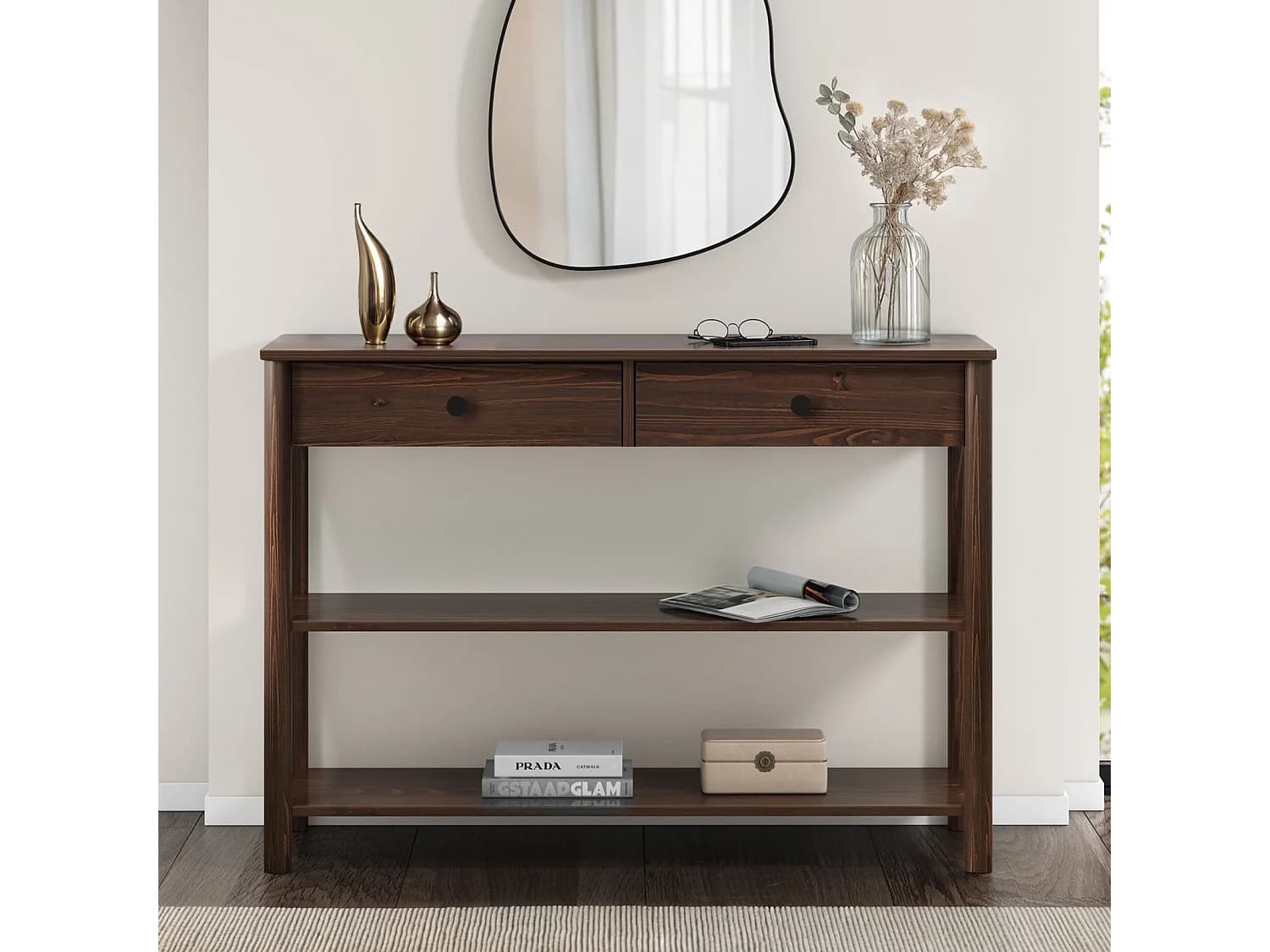 Table console d'entrée APOANA L 110 cm en bois massif coloris noyer avec 2 tiroirs et 2 tablettes, Design naturel