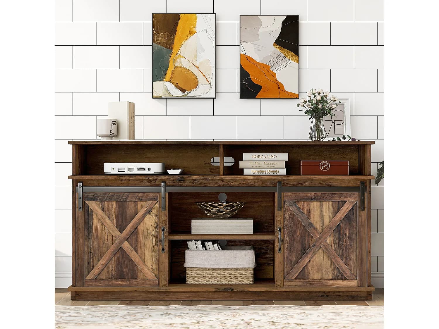 Meuble TV - 148 x 40 x 78 cm - avec 2 portes coulissantes - étagères réglables - aggloméré - marron