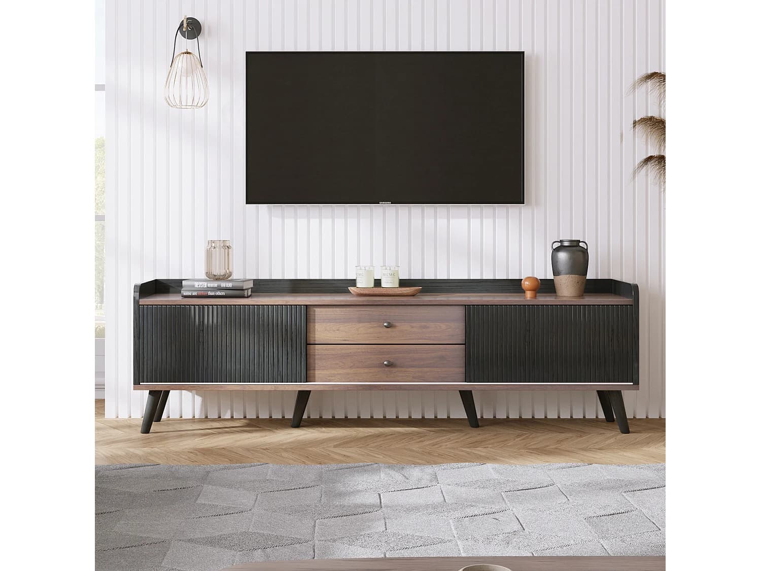 Meuble TV avec 2 tiroirs et 2 portes coulissantes - style moderne - aggloméré - noir + noir