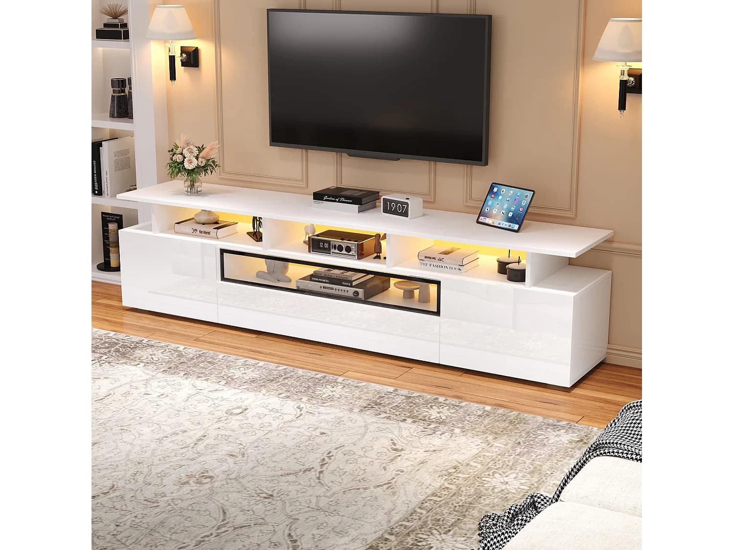 Meuble TV brillant - 180 x 38 x 45cm - avec 2 portes + 1 tiroir + Leds - aggloméré - blanc