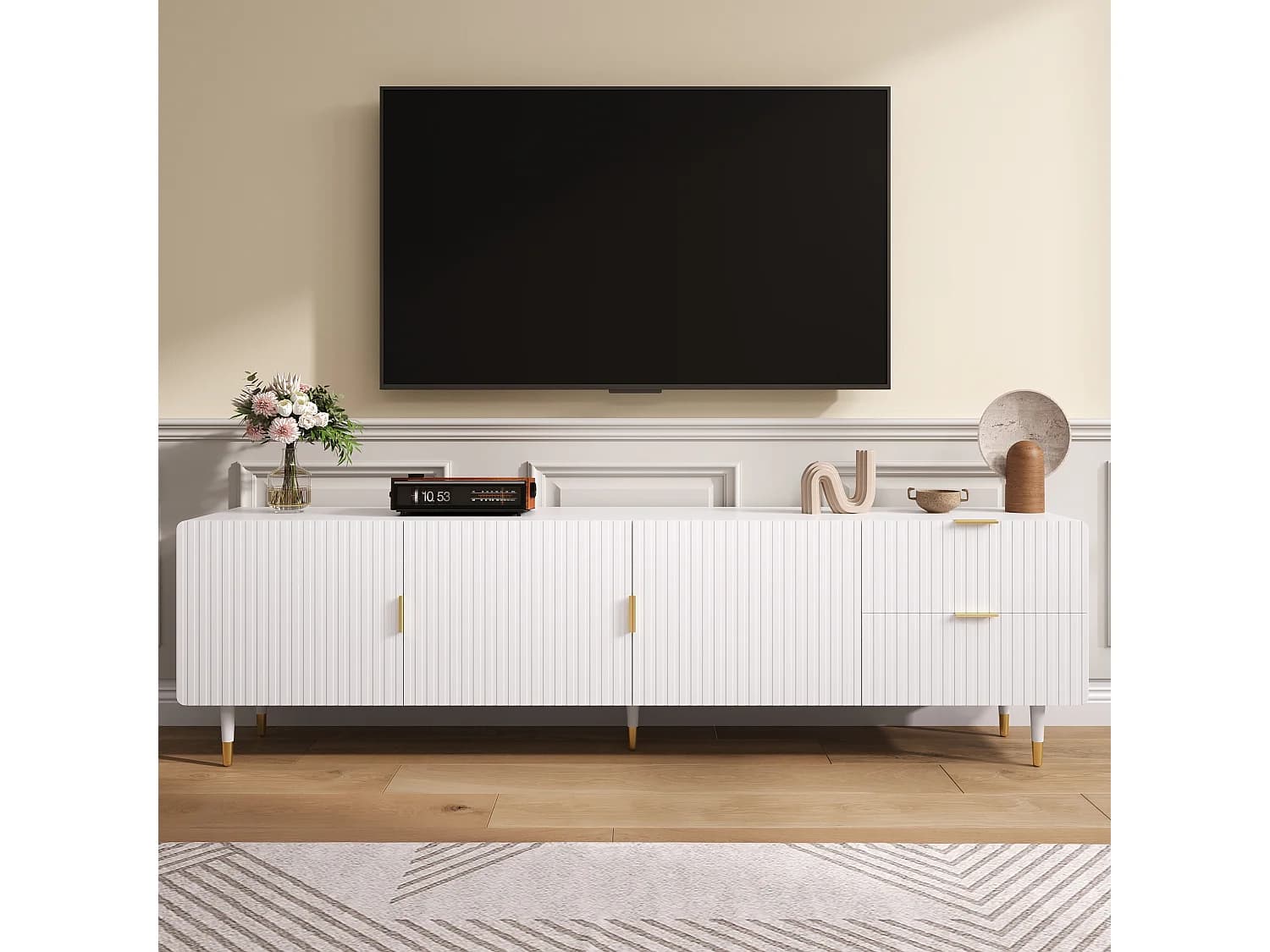 Meuble TV moderne - 170 x 35.5 x 55 cm - avec 2 tiroirs + 3 portes - pieds réglables - MDF - blanc