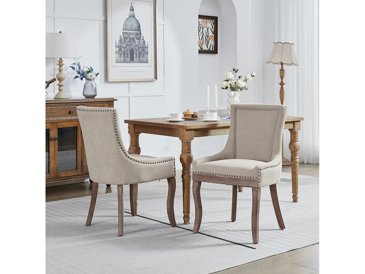 Lot de 2 chaises de salle à manger - Chaises de salle à manger avec dossier rembourré et clous bronze - beige