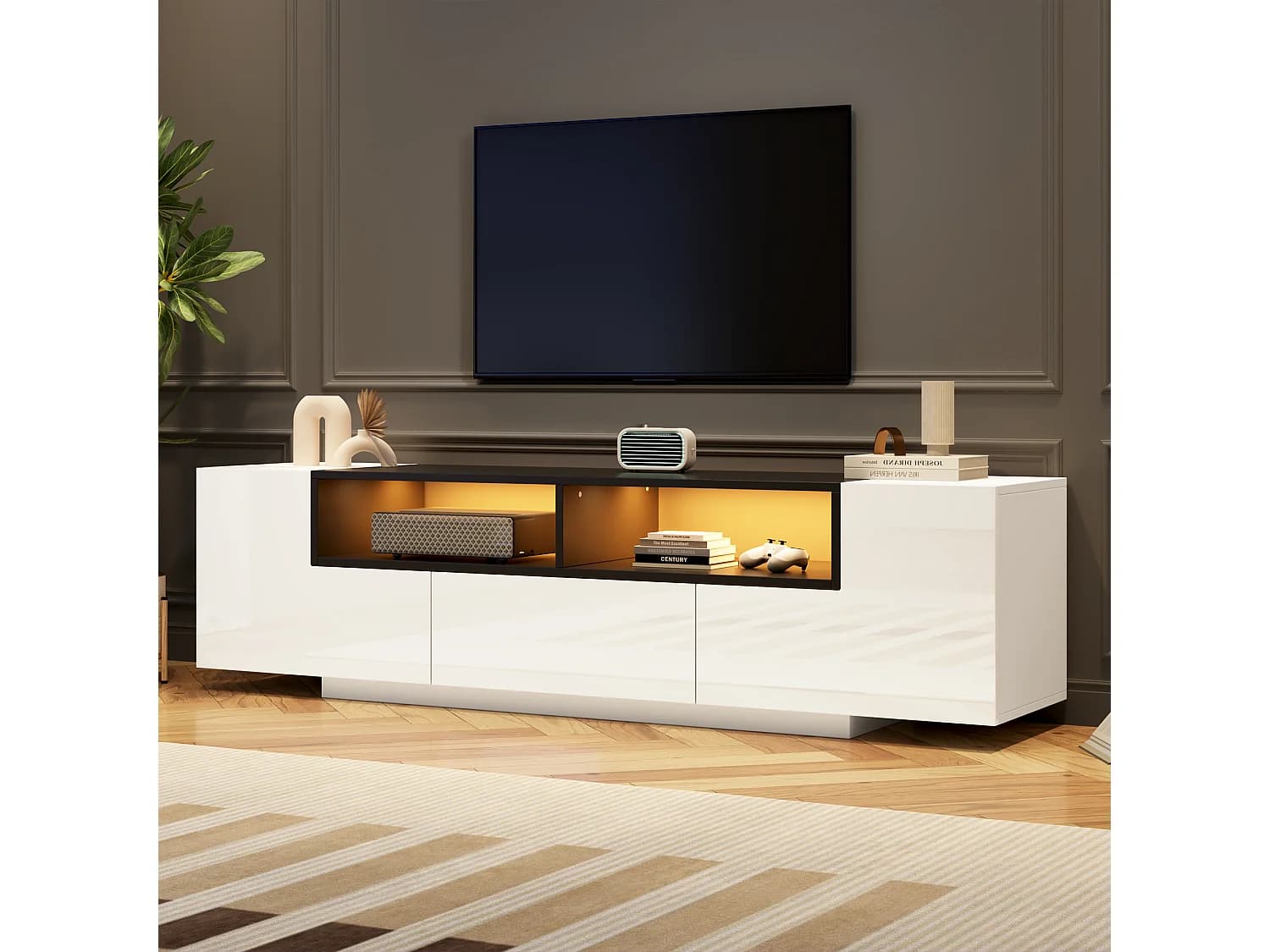 Meuble TV blanc avec 1 tiroir - Meuble TV avec éclairage LED et 2 portes - 2 espaces de rangement ouverts