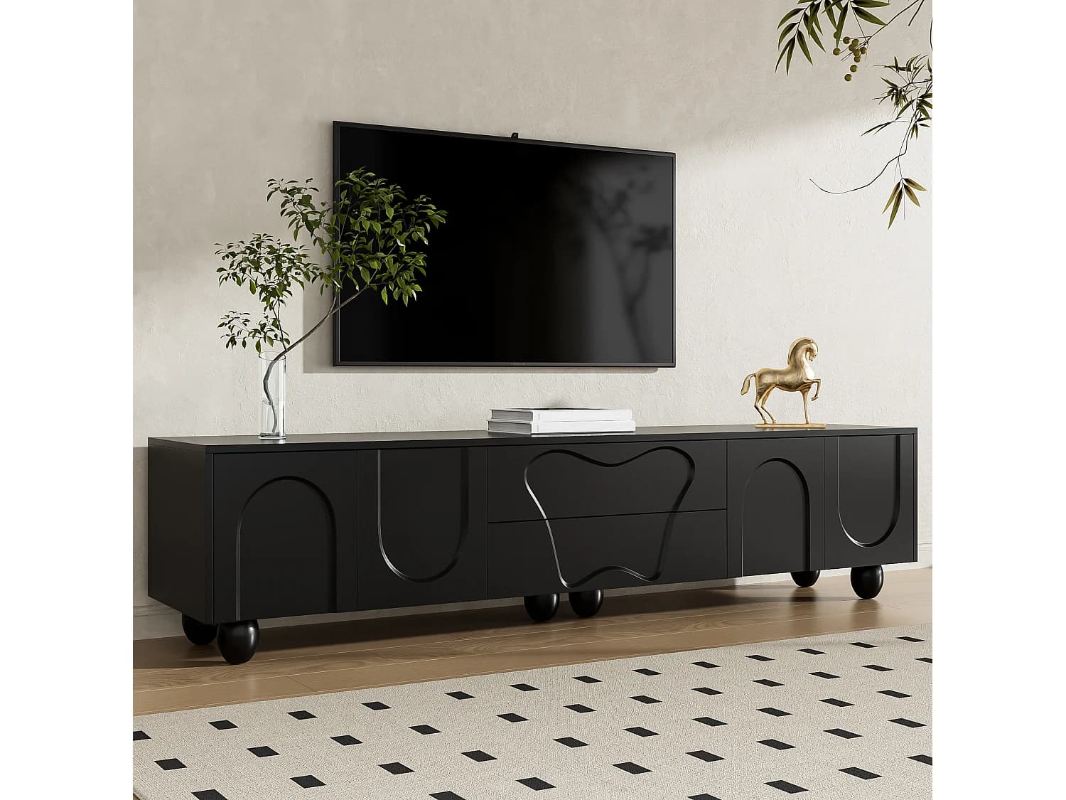 Meuble TV noir - Meuble TV avec 2 tiroirs et 2 portes - pieds ronds en bois massif