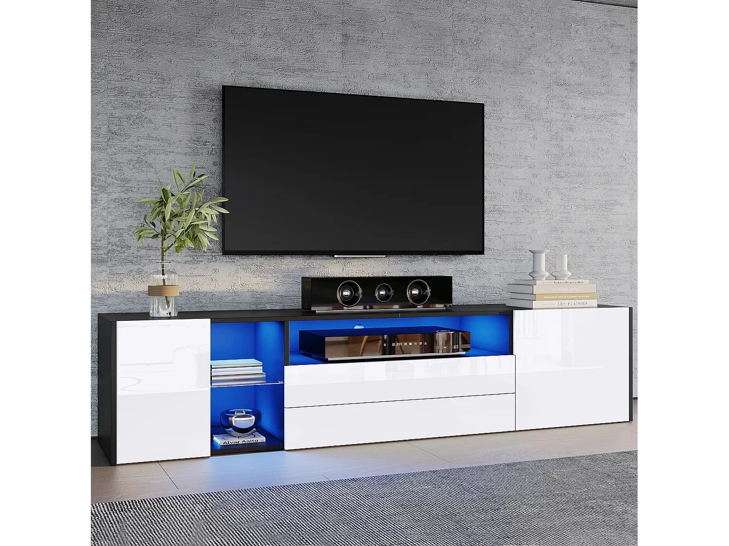 Meuble TV noir et blanc avec éclairage LED - Meuble TV avec 2 tiroirs et 2 portes - 3 compartiments de rangement ouverts