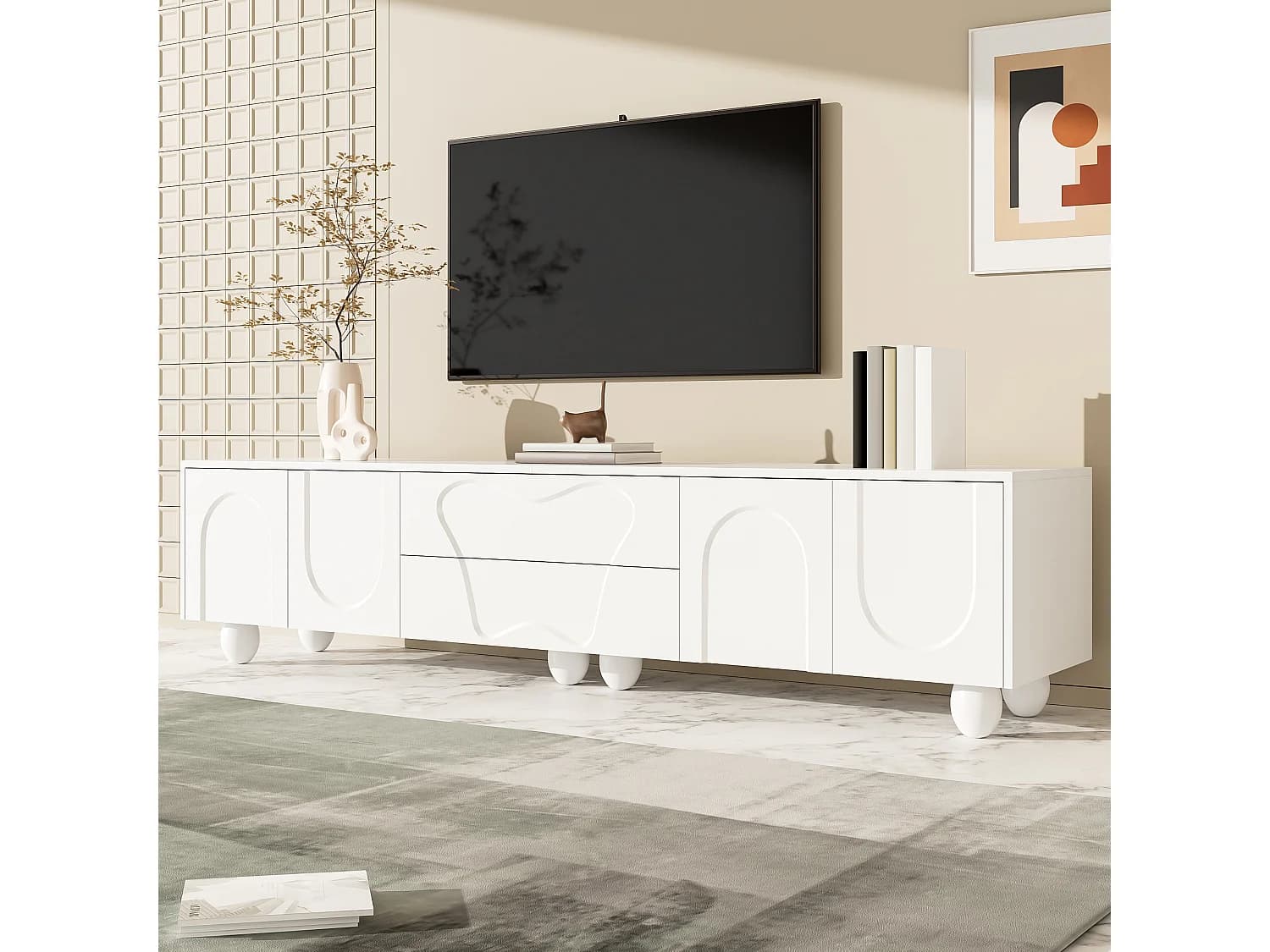Meuble TV blanc - Meuble TV avec 2 tiroirs et 2 portes - pieds ronds en bois massif