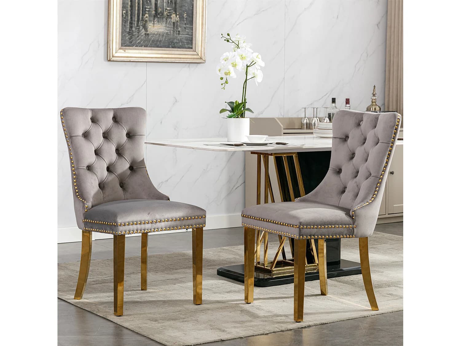 Lot de 2 chaises de salle à manger - Chaises avec dossier rembourré et pieds en acier inoxydable doré - avec garniture cloutée - velours gris