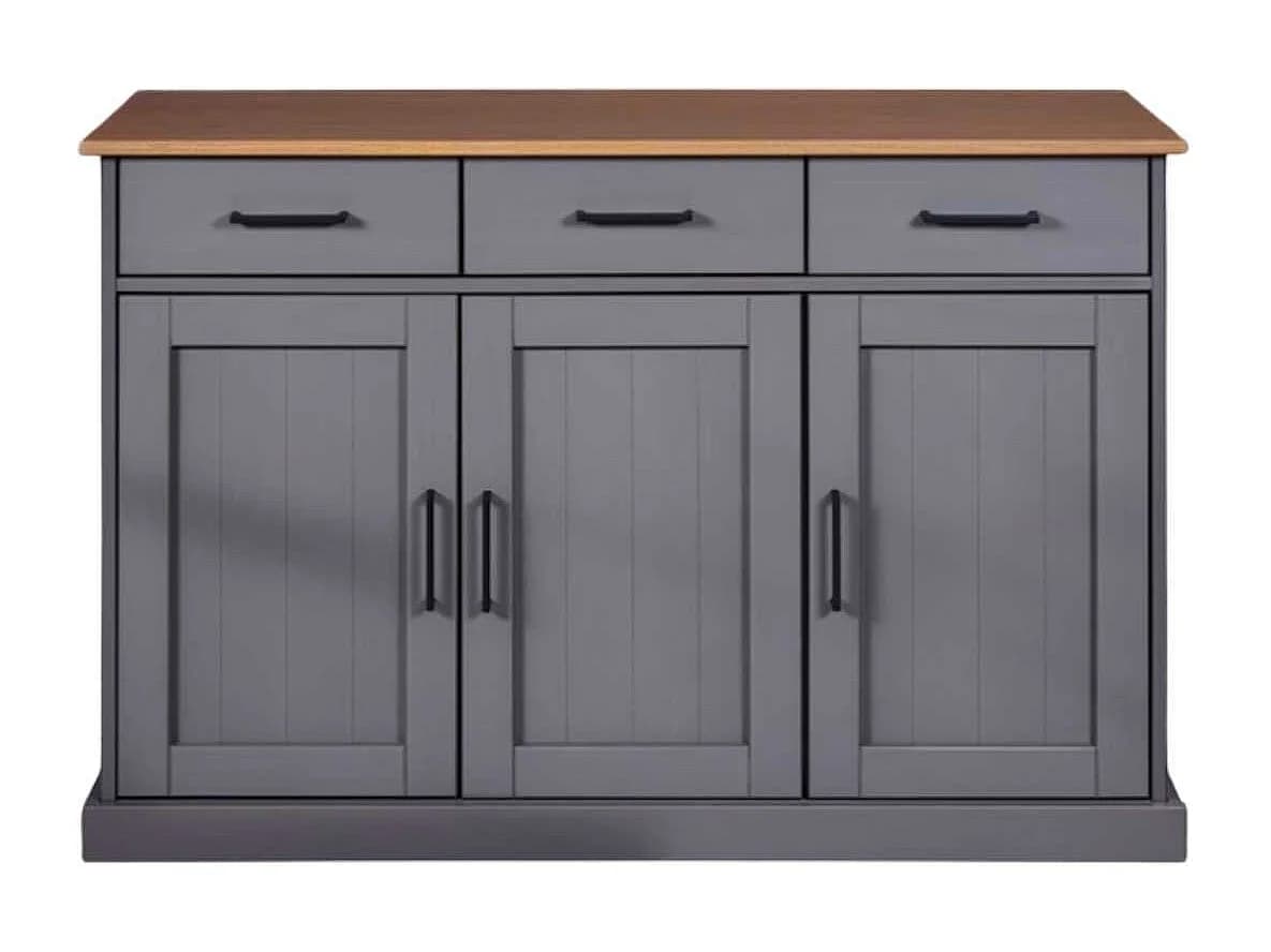 Buffet 3 portes 3 tiroirs en pin massif teinté gris plateau teinté chêne - FABIO