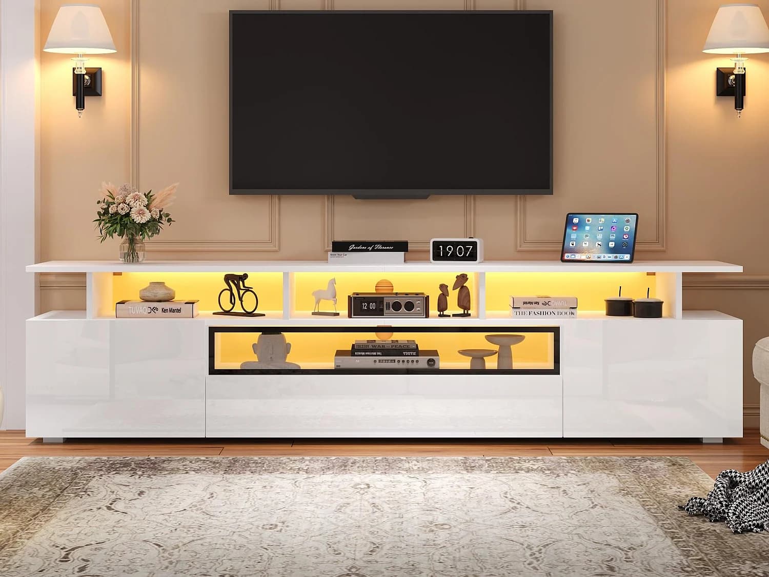 Meuble TV 180x38x45cm - 1 tiroir et 2 portes - avec LED - finition brillante - Blanc