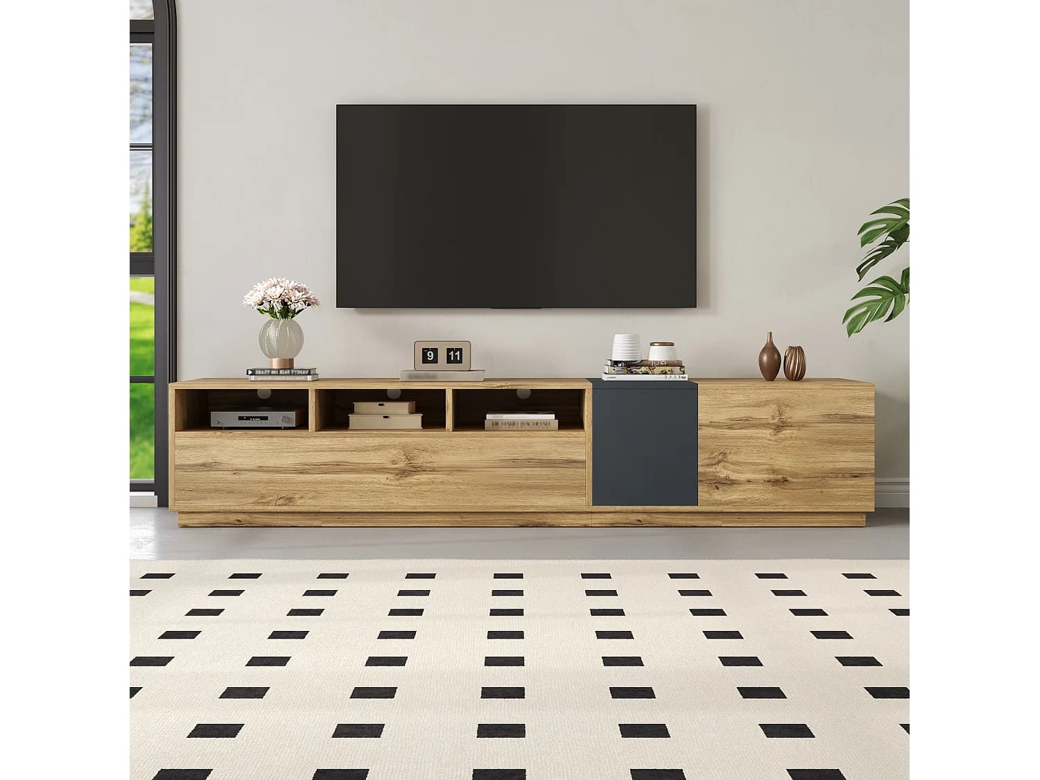 Meuble TV 200 cm avec 3 portes et 3 compartiments ouverts, couleur naturelle - pour salon