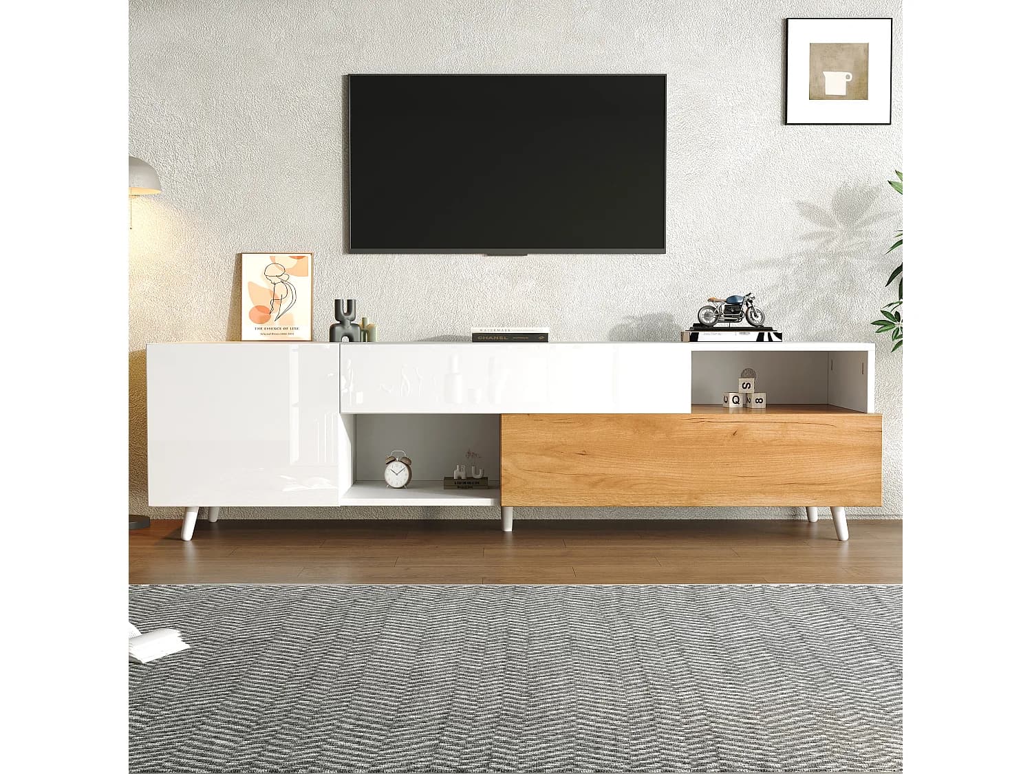 Meuble TV 180 cm avec 2 portes, 2 compartiments de rangement et 1 tiroir - Blanc et bois naturel