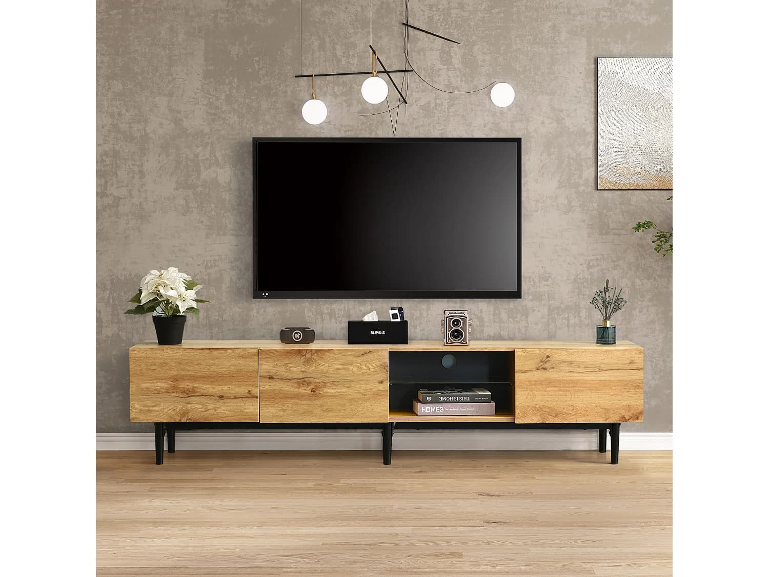 Meuble TV moderne avec finition bois, éclairage LED variable, 175 x 31 x 41 cm