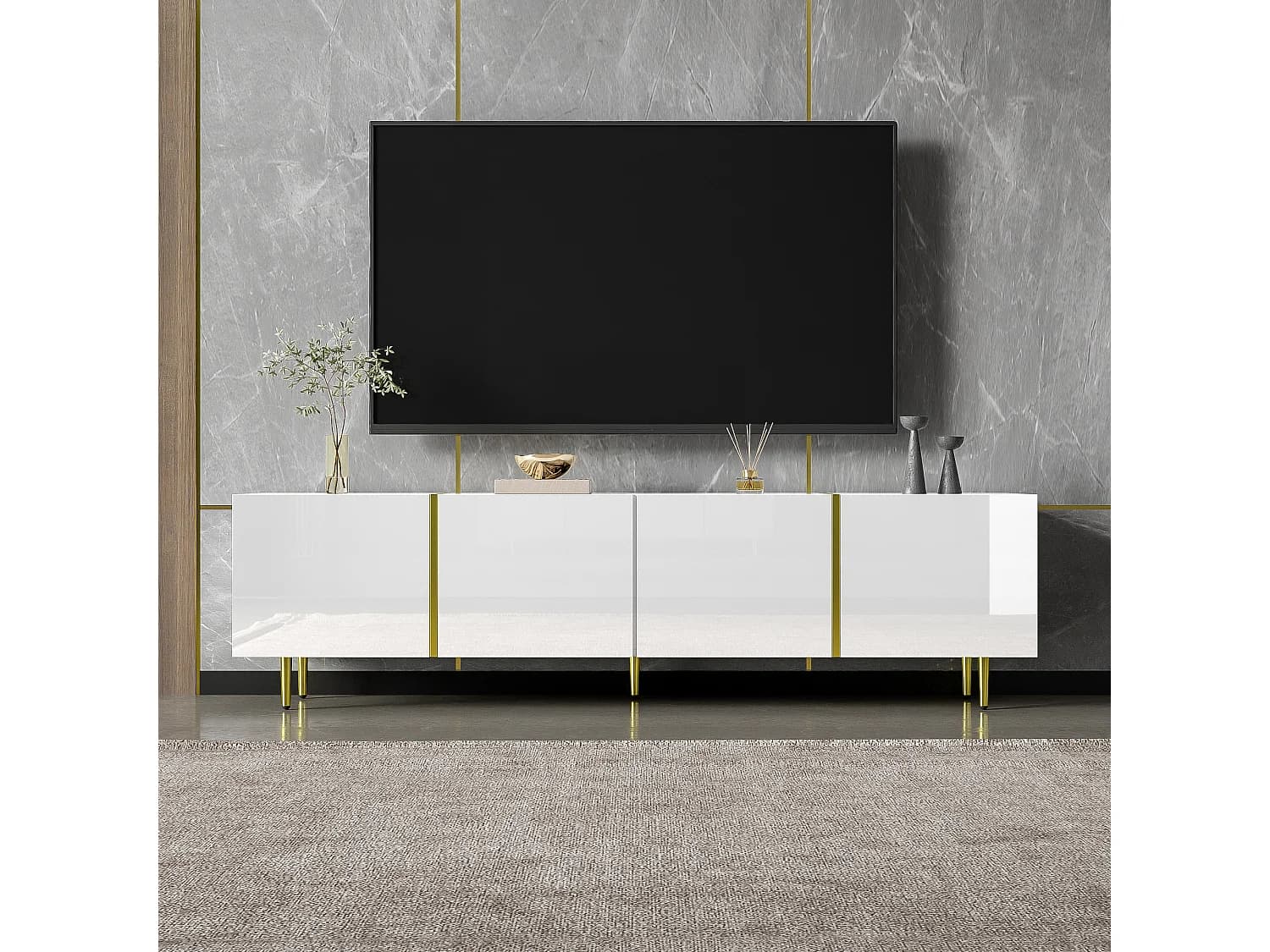 Meuble TV moderne et épuré à quatre portes en laqué blanc