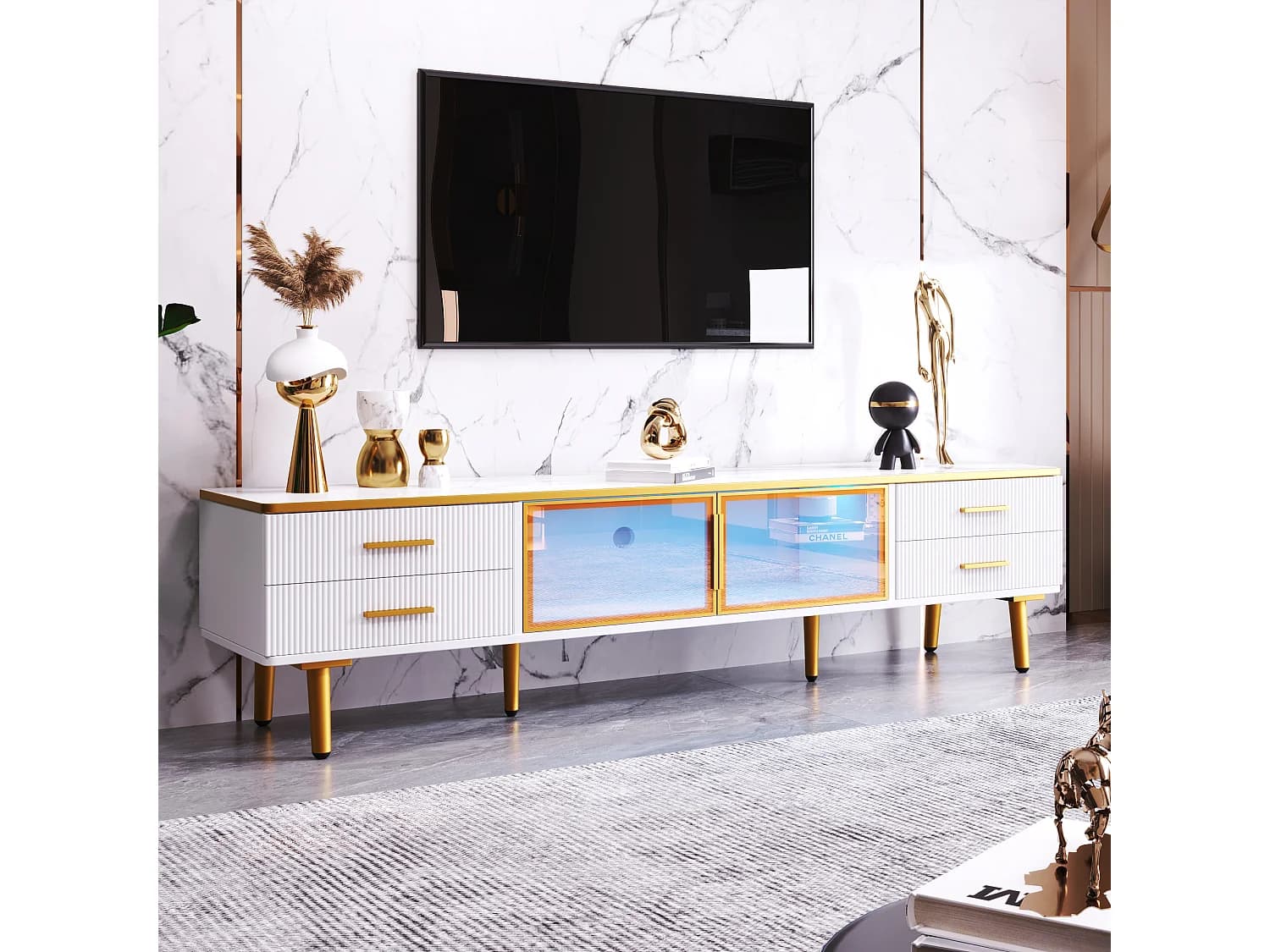 Meuble TV Effet Marbre, 4 Pieds, 4 Tiroirs Structurés avec Poignées Dorées, 2 Portes Brunes en Verre Trempé, Meuble Bas Moderne 170x37x47,5 cm