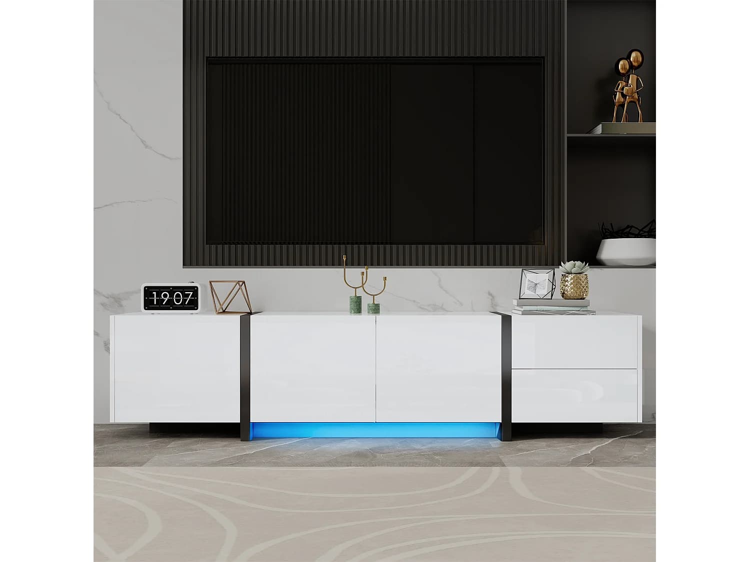 Meuble TV, lowboard, armoire laquée blanche avec pieds de table noirs, portes simples et tiroirs, design moderne et élégant pour le salon.