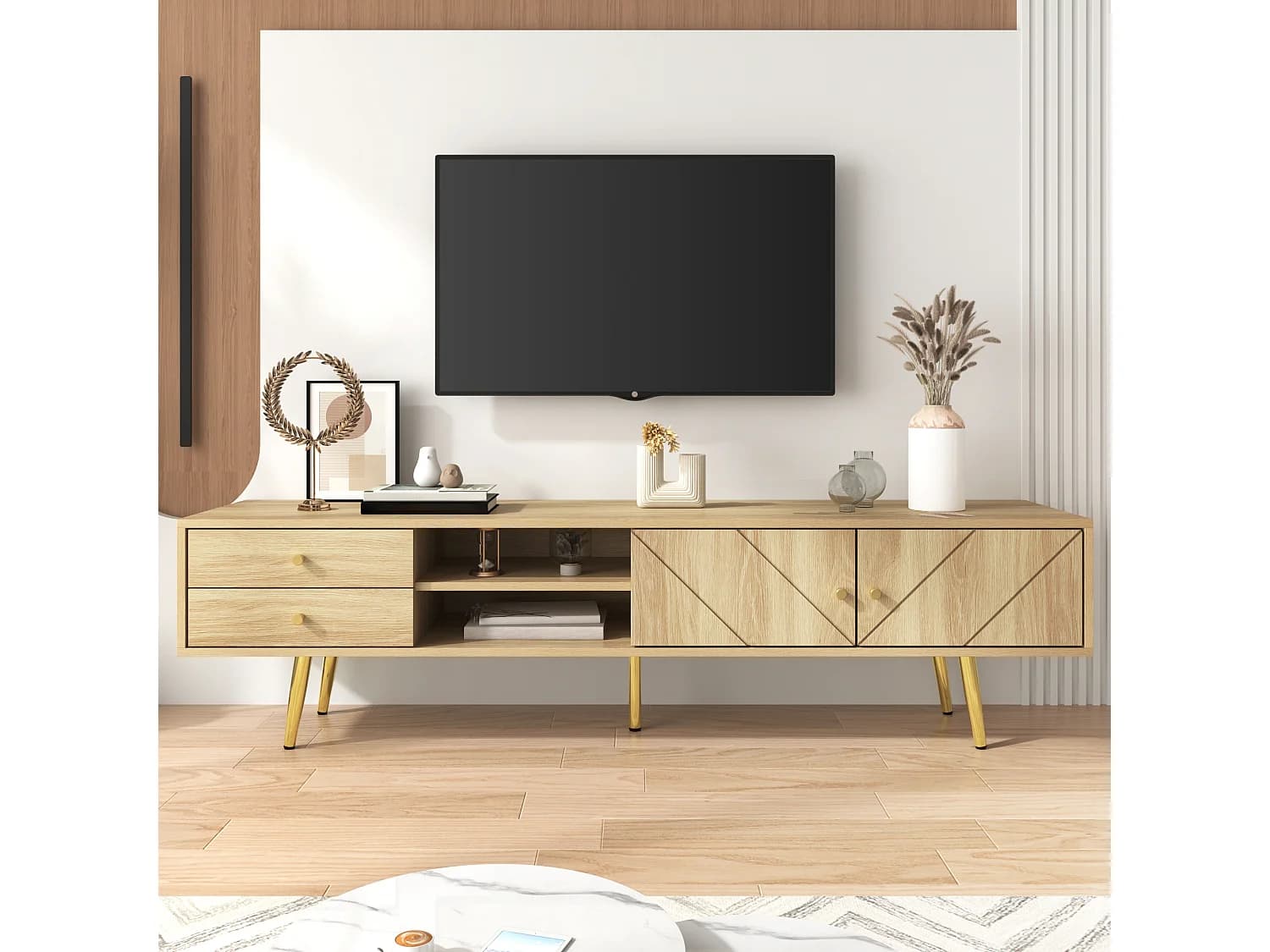 Meuble TV avec tiroirs et coins arrondis – Meuble TV pour salon avec côtés ondulés, poignées et pieds métalliques dorés, élégant aspect bois, rangement pratique