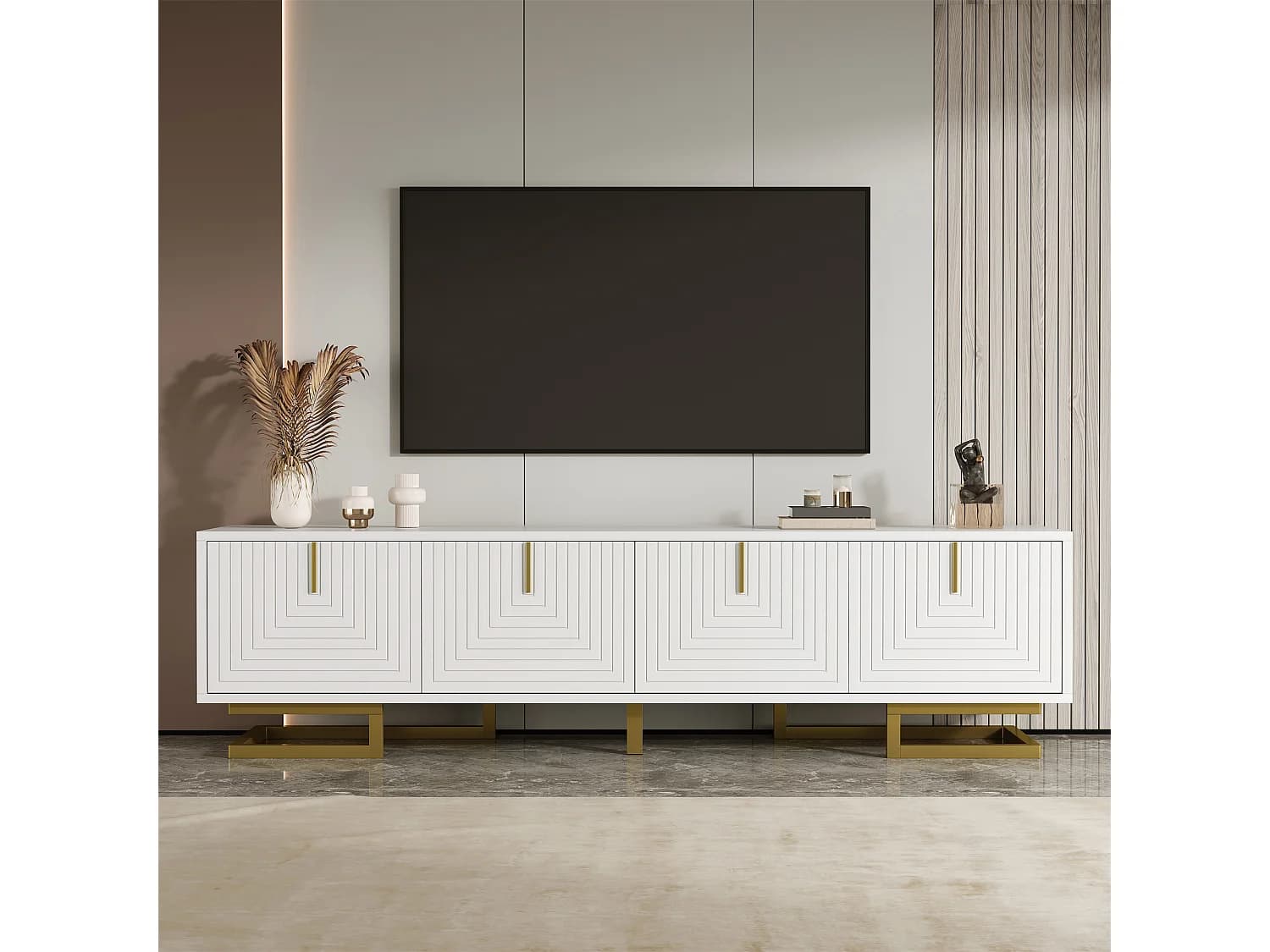 Meuble TV, Lowboard avec Portes Structurées, Poignées Dorées et Pieds Dorés