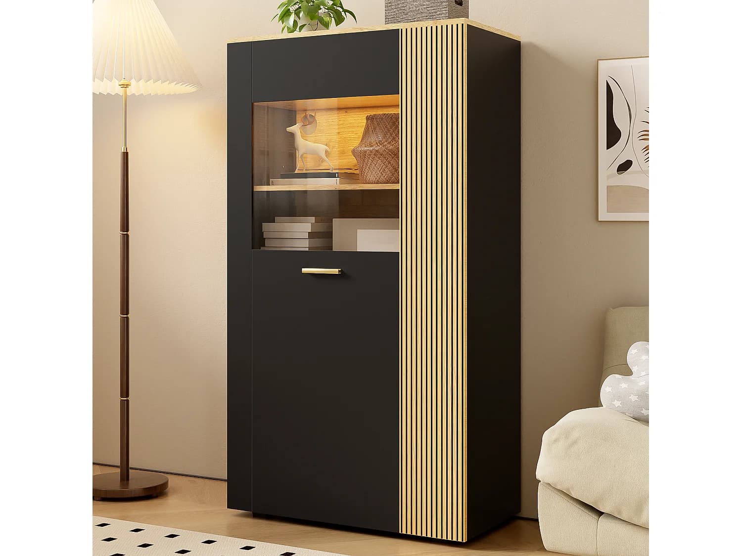 Buffet de rangement moderne - 80 x 40 x 146 cm - avec Leds + 1 porte + 5 étagères - aggloméré - noir