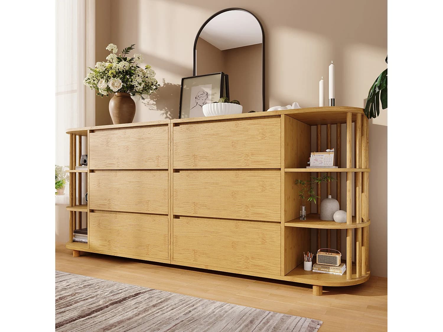 Buffet en chêne moderne - 160 x 40 x 75 cm - avec colonnes et étagères en bambou + 6 tiroirs - Bambou + MDF - naturel
