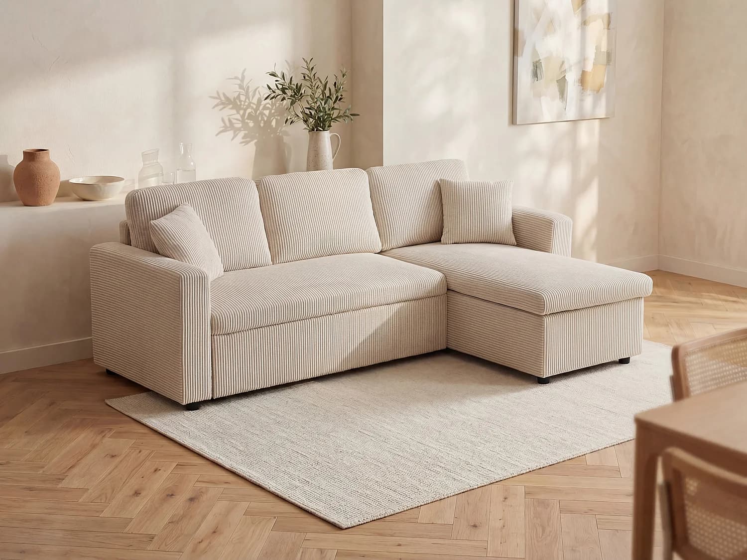 Canapé d'angle convertible et réversible en velours côtelé beige GAZUR